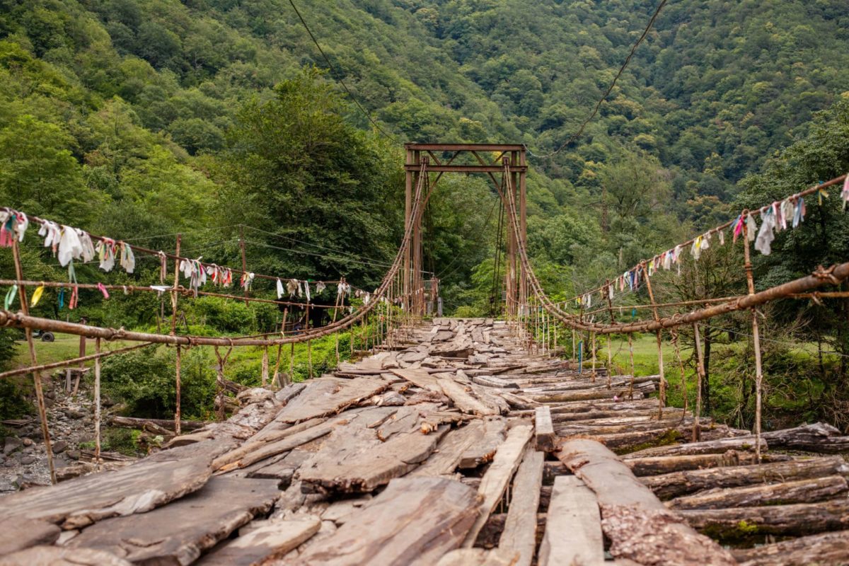 huge cable bridge over the river in Abkhazia